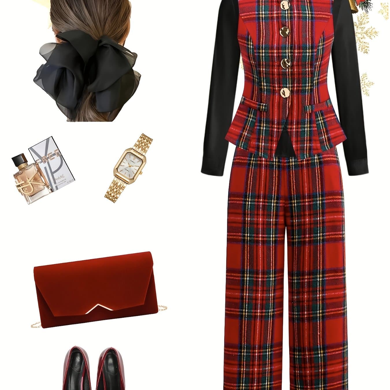 TEMU Plaid Vest Wide-leg Pants Two-piece Set For Women | Vintage And Exquisite Style Items, Suitable For Daily Street Wear, Light Formal Occasions, And