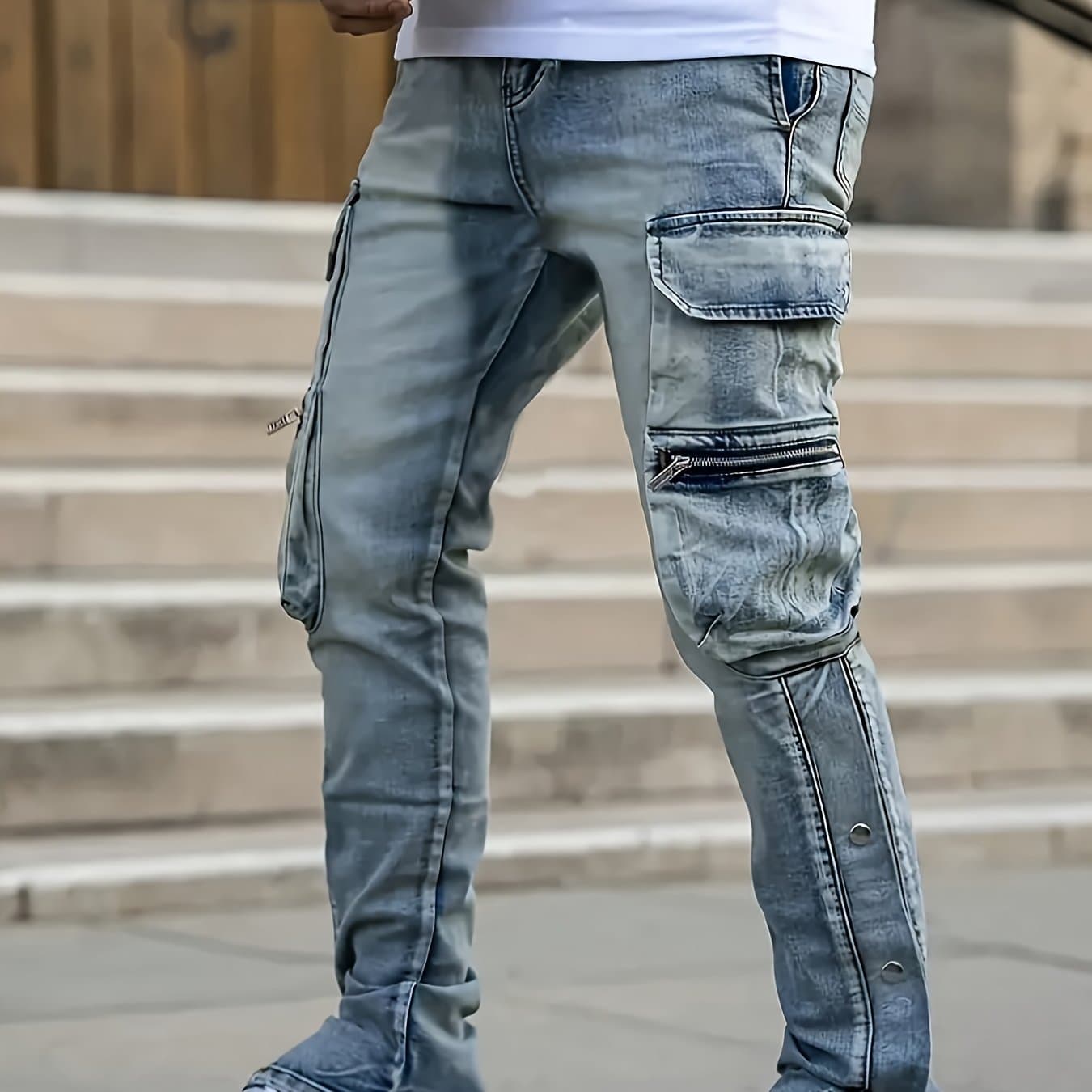 TEMU [hme] Men's Jeans, Three-dimensional Cut Multi-pocket Workwear Style, Decoration, Leg Split And Snap Button Design, , Ykk Zipper Closure, Fashionable Men's Denim Long Pants
