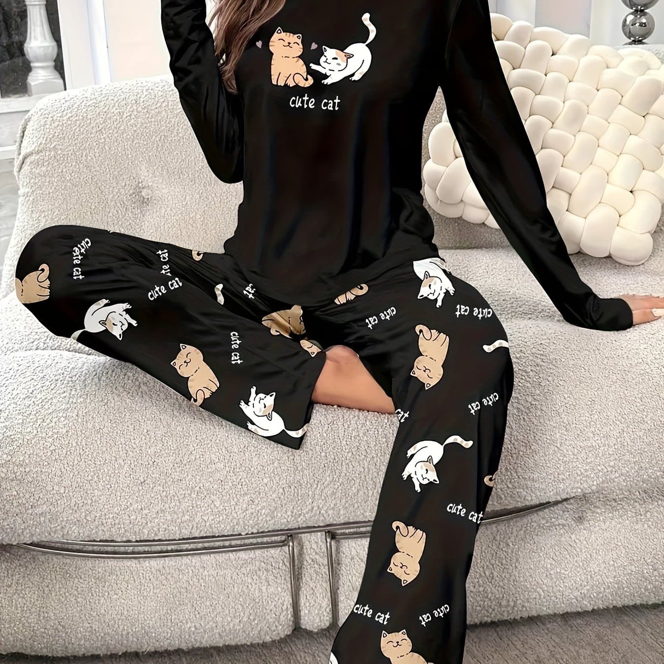 TEMU Autumn Winter Cute Cat Casual 2pcs Set