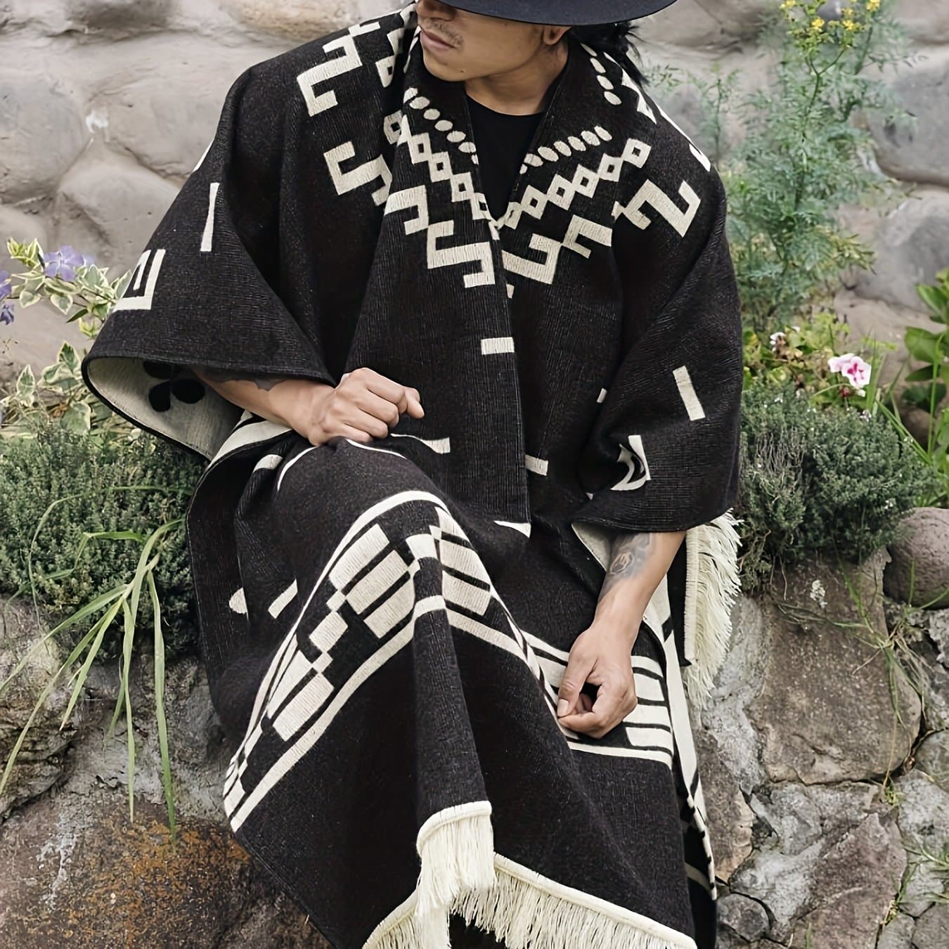 TEMU Men's Western Cape Coat With Tribal Print, Warm V-neck Poncho With Tassel Trim For , Fall And Winter Casual Wear (brown/ White)