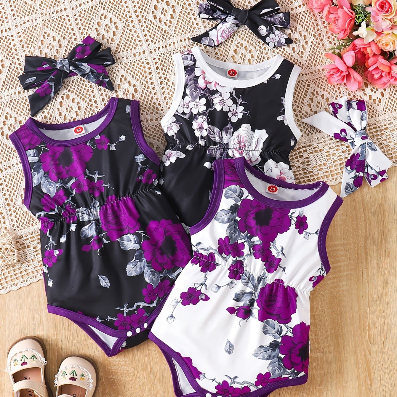TEMU 3pcs Cartoon Print Sleeveless Romper Suit + Headband For Girls, , Polyester Knit Fabric, Regular Fit, , For Outdoor, Perfect For Outdoor