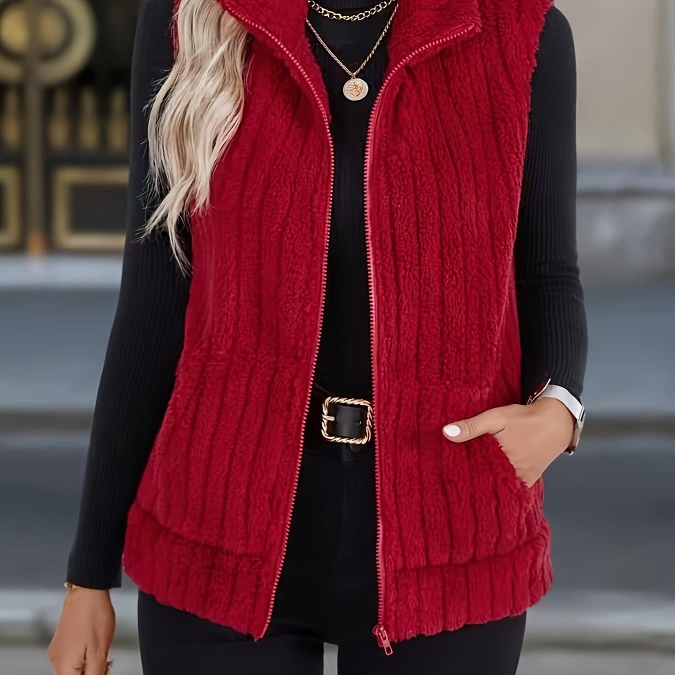 TEMU Solid Color Double-sided Plush Casual Women's Zip Cardigan Autumn And Winter Plush Vest ()
