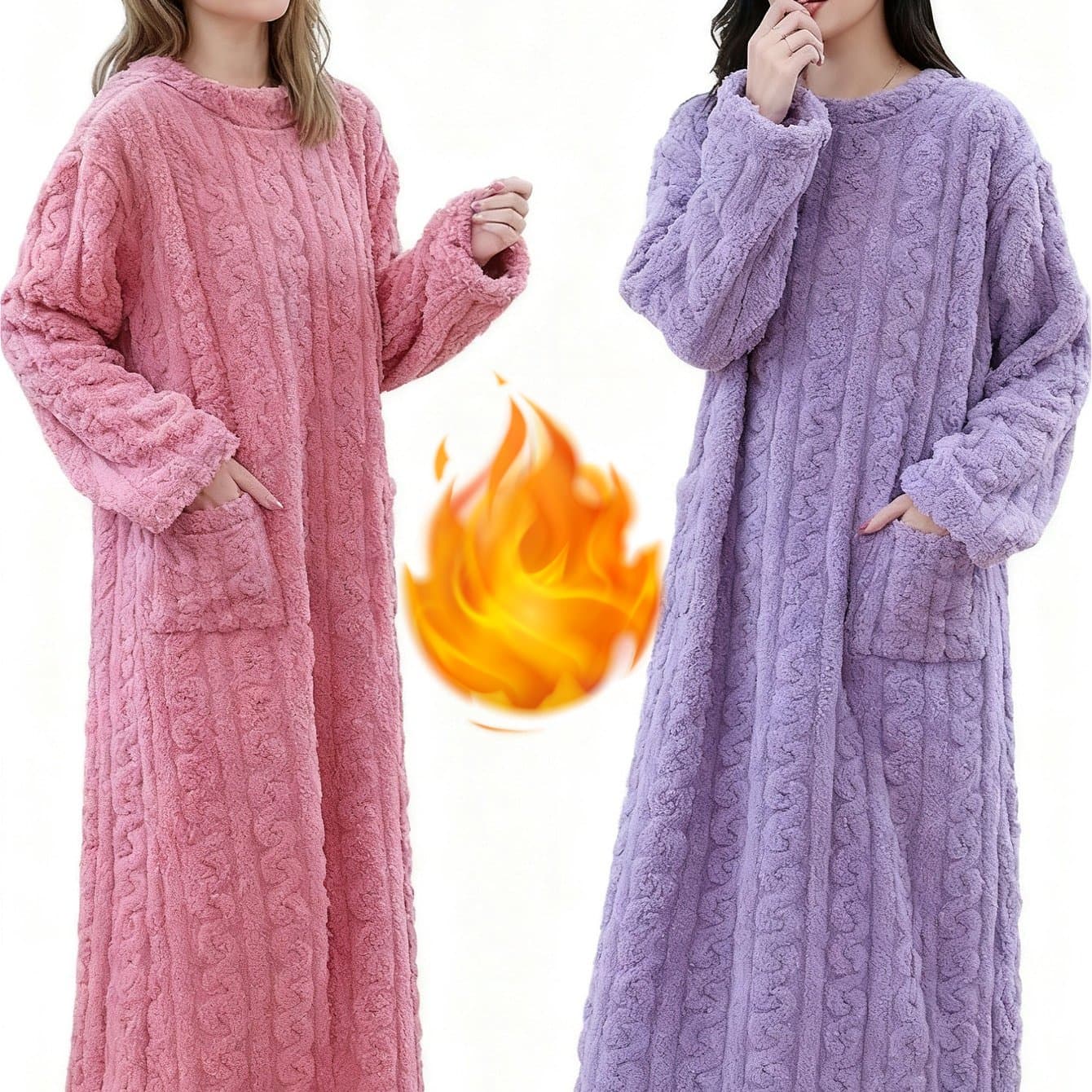 TEMU 2025 New Ymk 2 Set Long Plush Robe - Unisex, Twisted Texture With Big Pockets, Loose Fit, -lined Thickened For , Cute Casual Homewear For Fall & Winter
