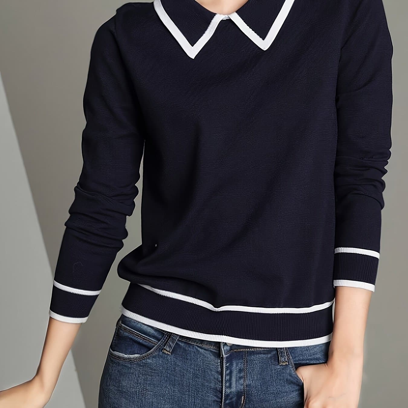 TEMU Women's Navy Collar Pullover Sweater, Lapel Versatile Minimalist Long-sleeve Sweater, Lightweight Soft Fabric Long-sleeve Top