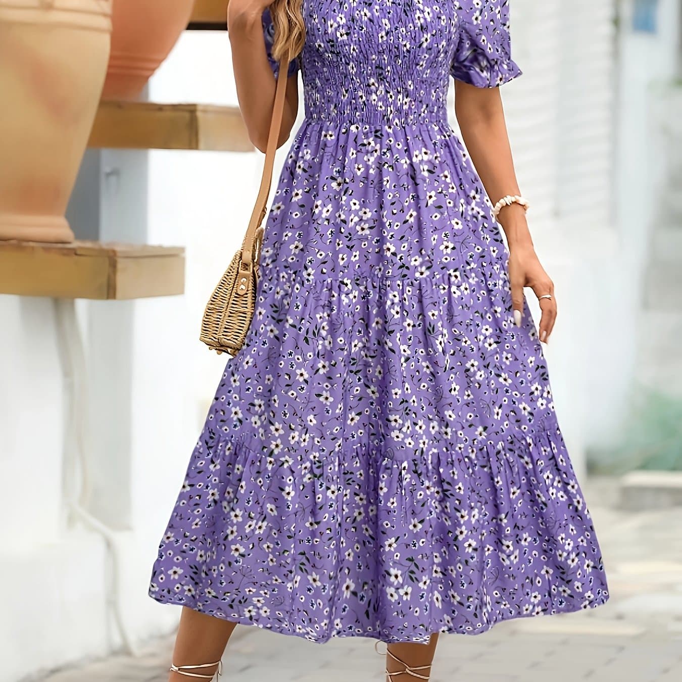 TEMU Women's Elegant Square Neck Floral Print A-line Dress With Puff Sleeves - Machine Washable, Versatile For Casual & Formal Occasions, Floral Print Dress, Floorlength Gown