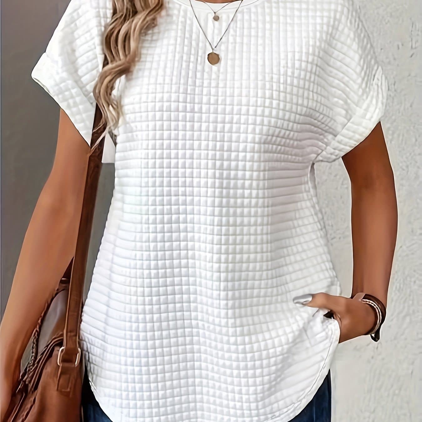 TEMU Plus Size, Plus Size Women' Color Round Neck Casual Short Sleeve T-shirt