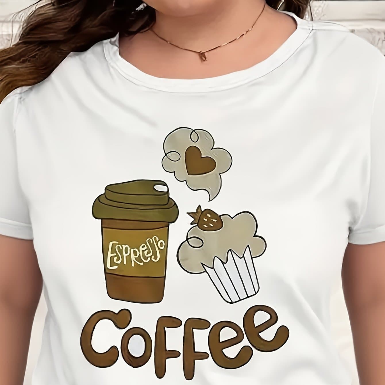 TEMU Women's Short Sleeve T-shirt Top () White Coffee Cup And Muffin Print Comfortable Sleepwear Top And Casual Loungewear Top For Women