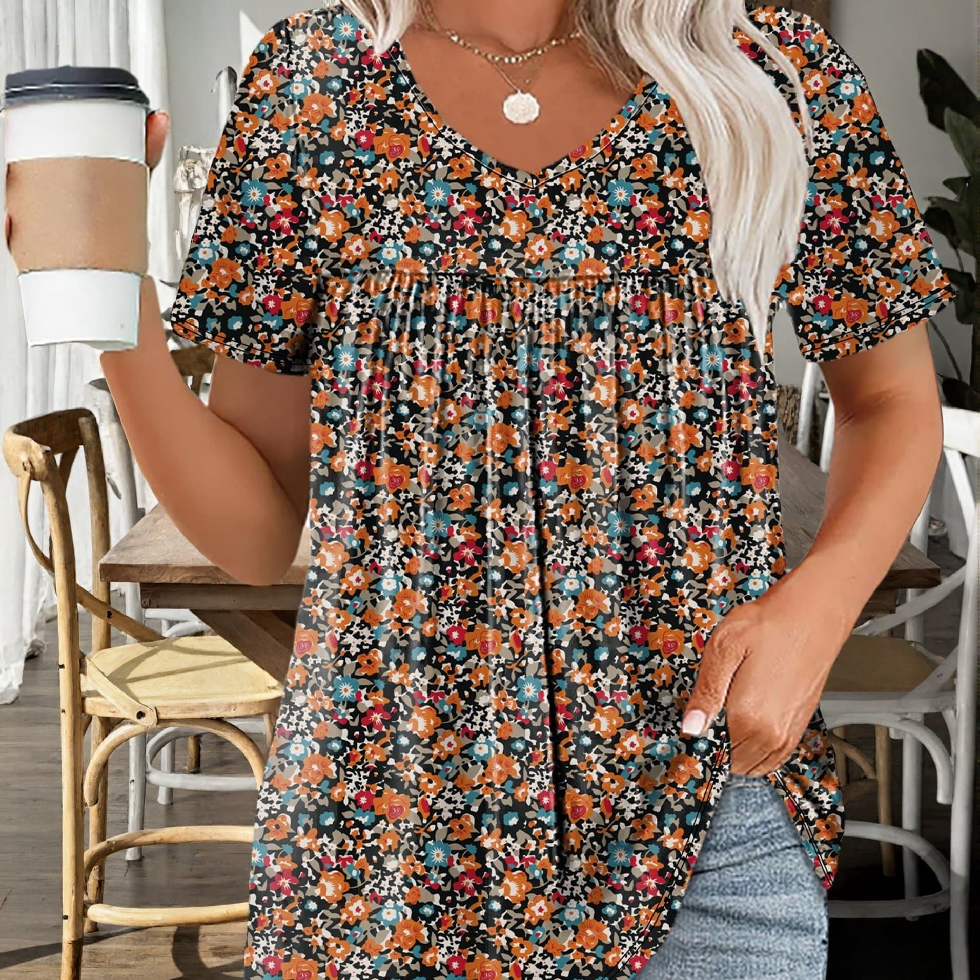 TEMU Plus Size, Plus Size Fashion Floral Print T-shirt