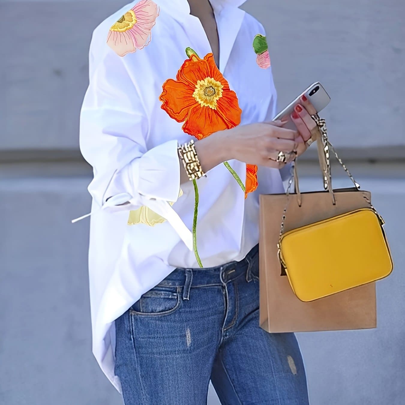 TEMU Casual Printed Versatile Turn- Collar Knotted Women's Shirt