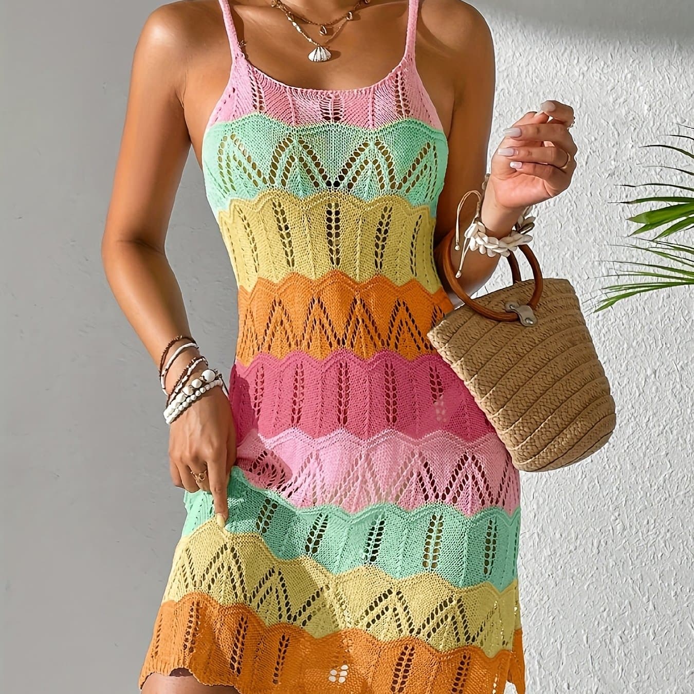 TEMU Women Summer Music Festival Beach Vacation Sleeveless Cover Ups Striped Color Contrast Hollow Crochet Dress