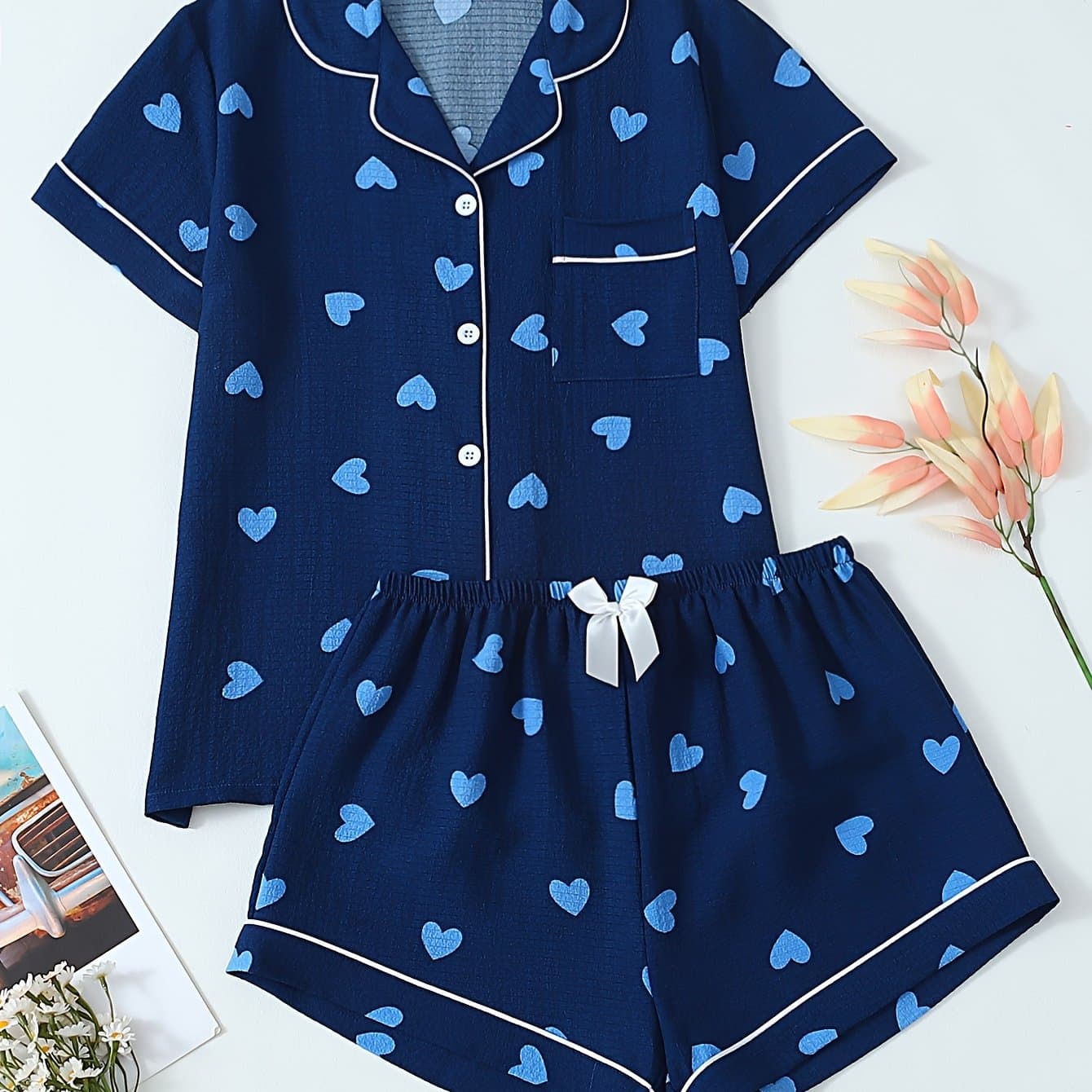 TEMU Love Print Teen Short Sleeve Short Shorts Pajama Set, For Teenager, For Teenager