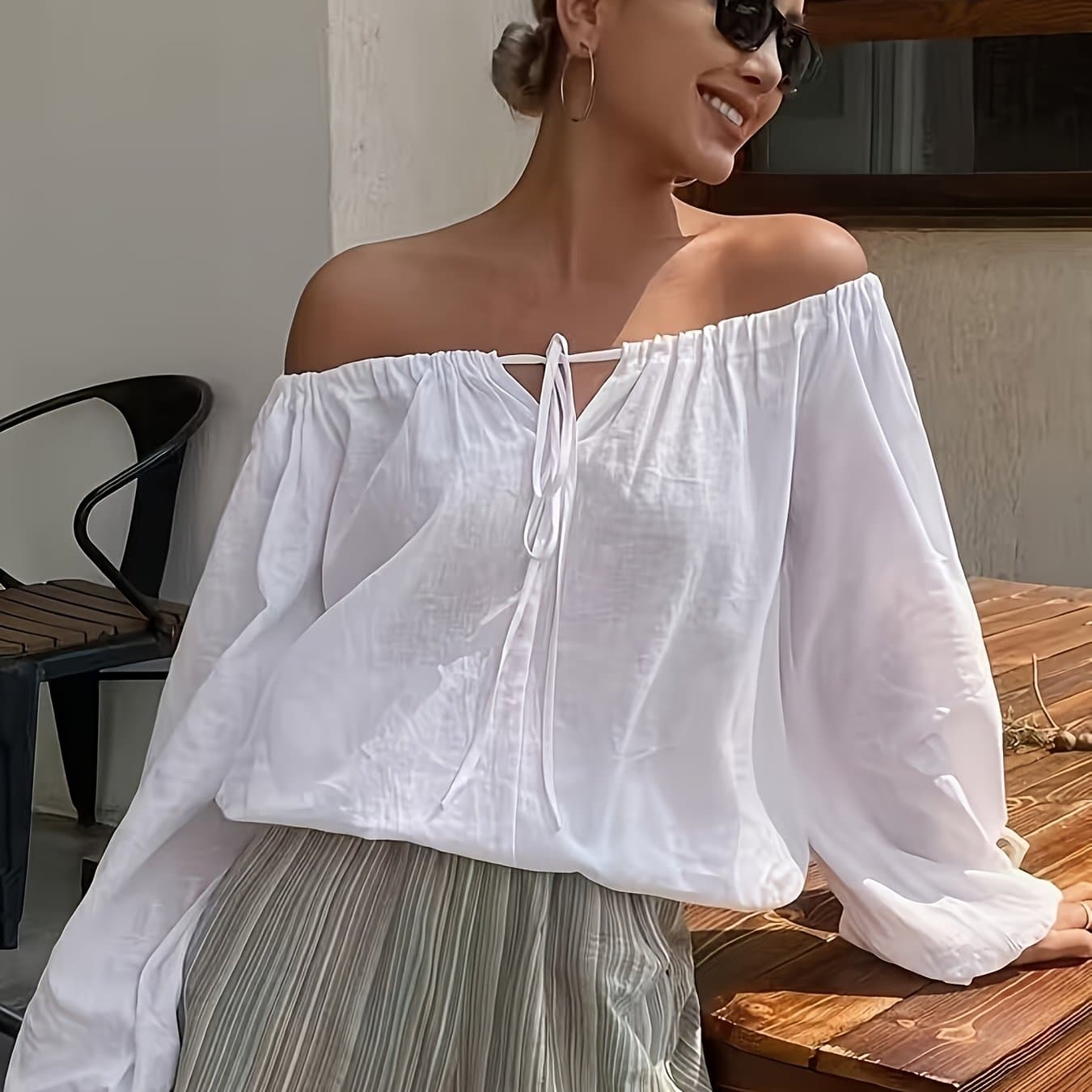 TEMU Zj1201035 Women's Loose Off-shoulder Top, Drawstring Neck Tie And Lantern Puff Sleeves, Lightweight Breathable Blouse, A Relaxed Fashion Style, Loose Fit