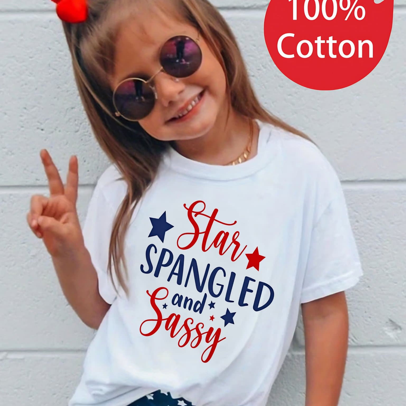 TEMU Day 1pc New Summer Spangled And Sassy Design Short Sleeved 100% Cotton T-shirt Comfy Casual Tees For Girls