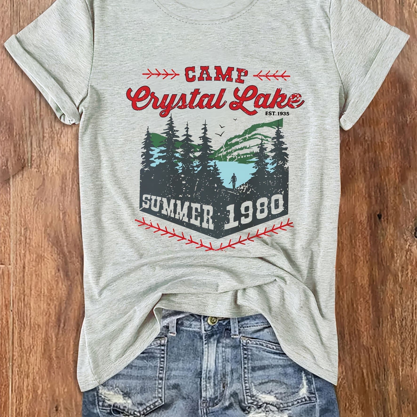 TEMU Lake Summer 1980 Graphic T-shirt Women's Casual Crew Neck Short Sleeve Tee, 100% Polyester Knit Fabric, Regular Length, All Season Wear