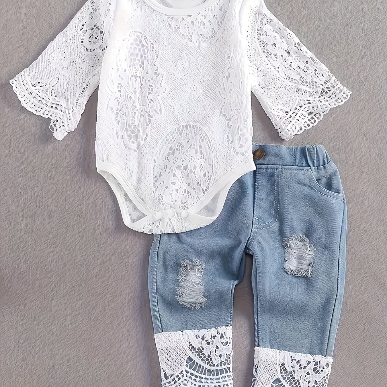 TEMU Baby Girl's Stylish Clothes Set, Lace Ruffle Romper And Flared Denim Jeans And Headband 3pcs Newborn Infant Outfits, Coquette Style