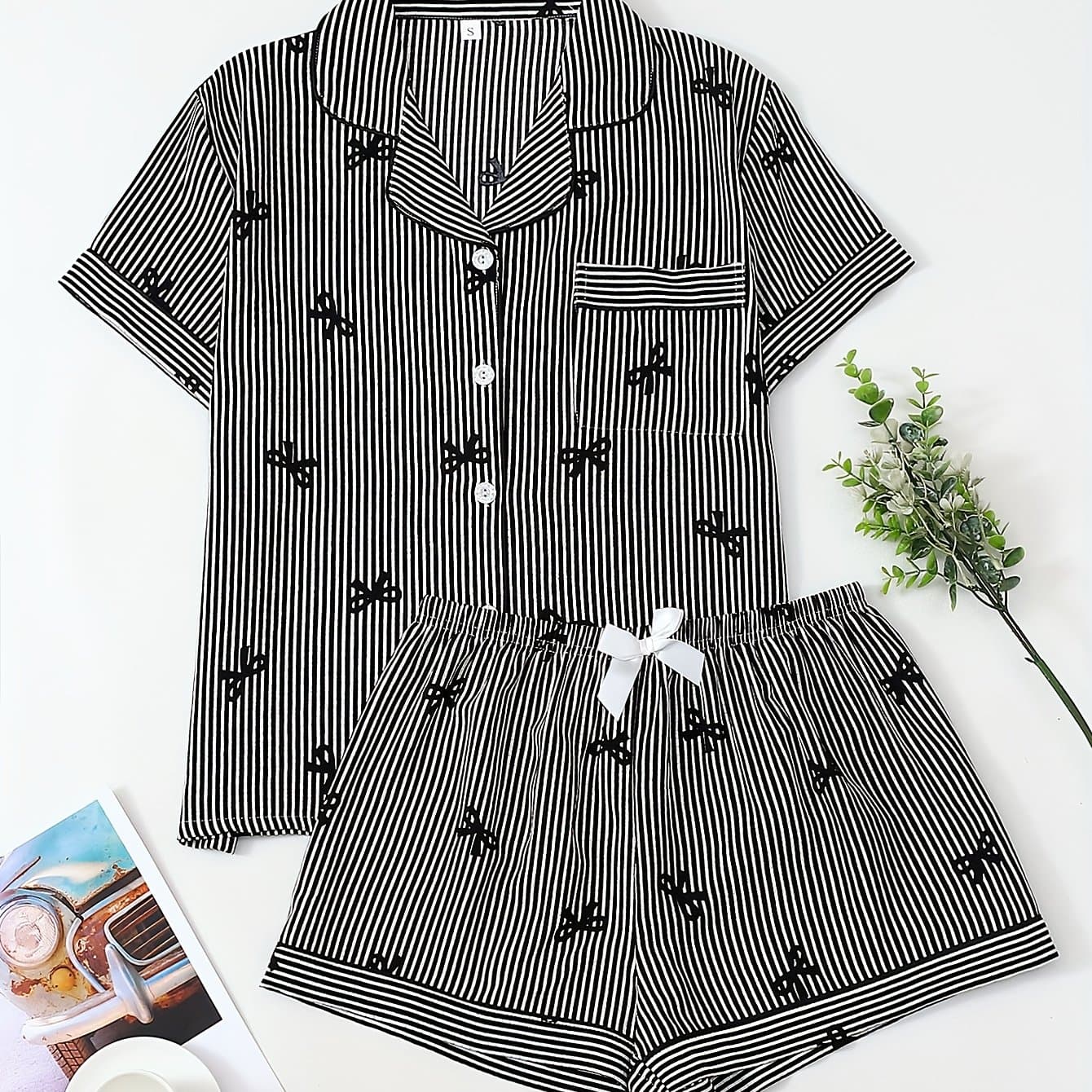 TEMU Women's Casual Lapel Contrast Trim Button 2pcs Pajama Set: 1 Short-sleeve Top + 1 Pair Of Shorts