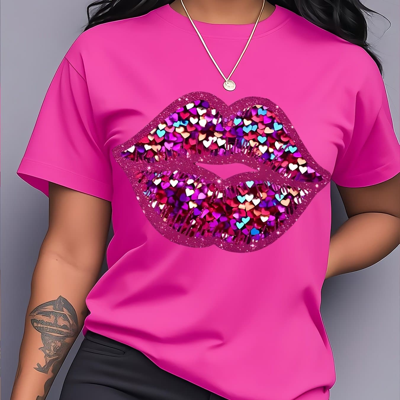 TEMU Women's Lipstick Print T-shirt - Lipstick Outline With Glossy , Glam Summer Top For Nightclubs & Retro-themed Events, Machine Washable