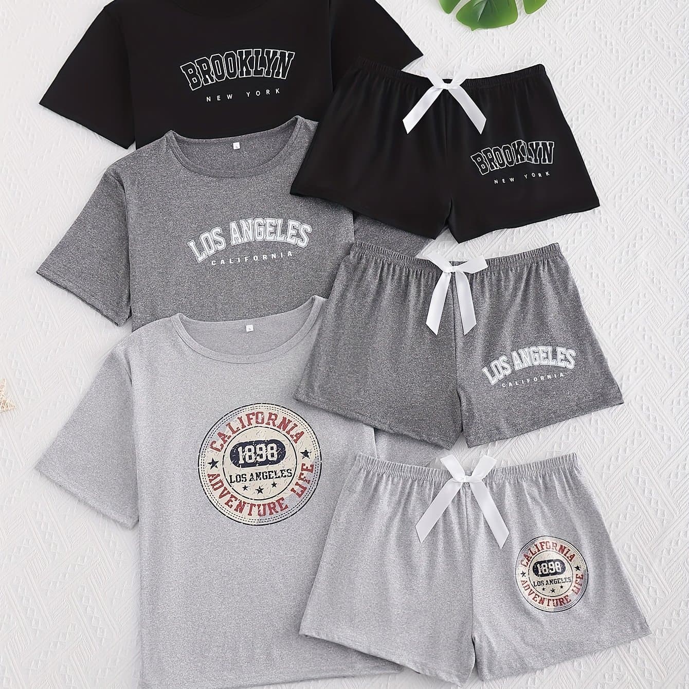 TEMU 3pcs Slogan Crew Neck Short-sleeved Top And Shorts Pajama Set