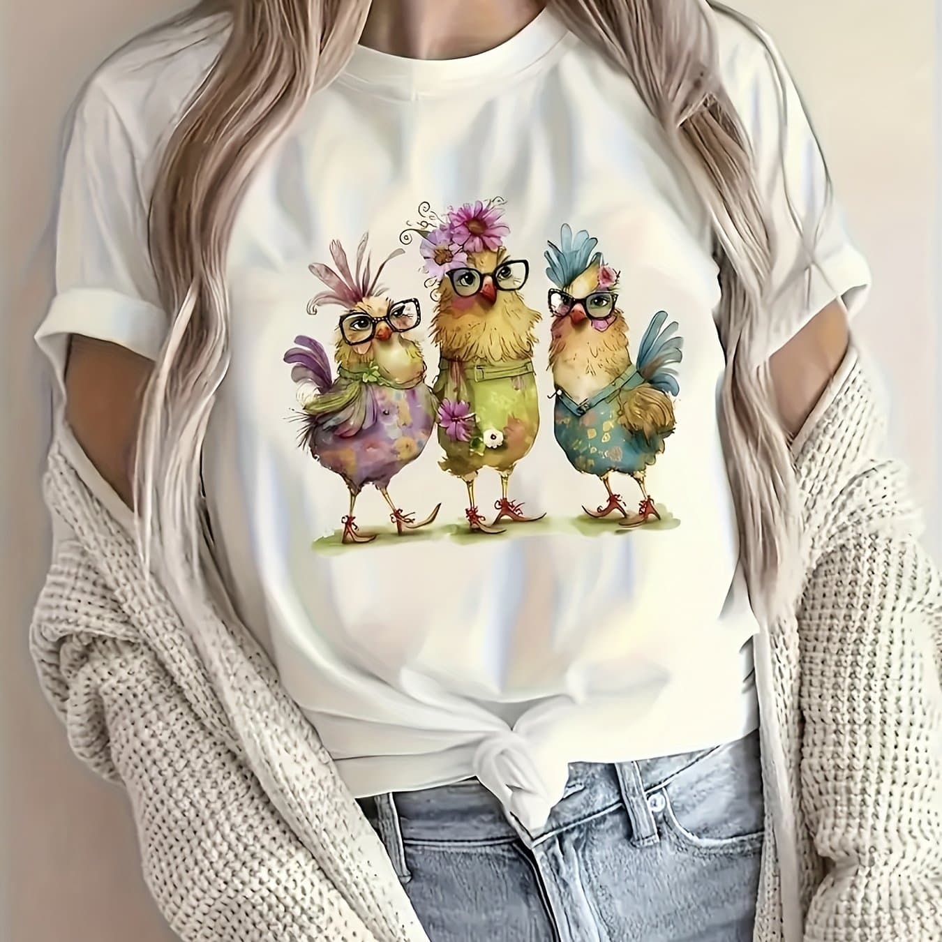 TEMU Women's Chic Cartoon Print Tee - Comfy, Casual Short Sleeve Crew Neck T-shirt For Everyday Wear & Stylish Layering