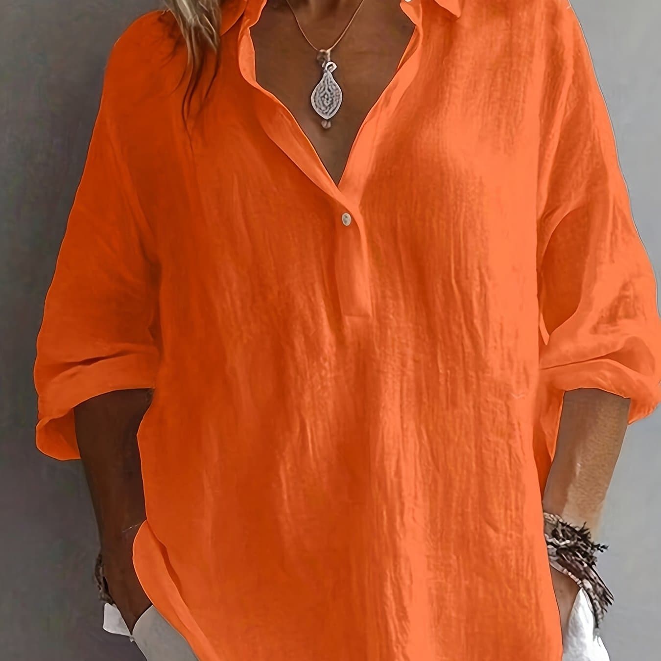 TEMU Plus Size, New Stunning And Elegant Women's Plus Size Shirt With Half Lapel Collar, Long Sleeves, And Versatile Fit, In Multiple Colors