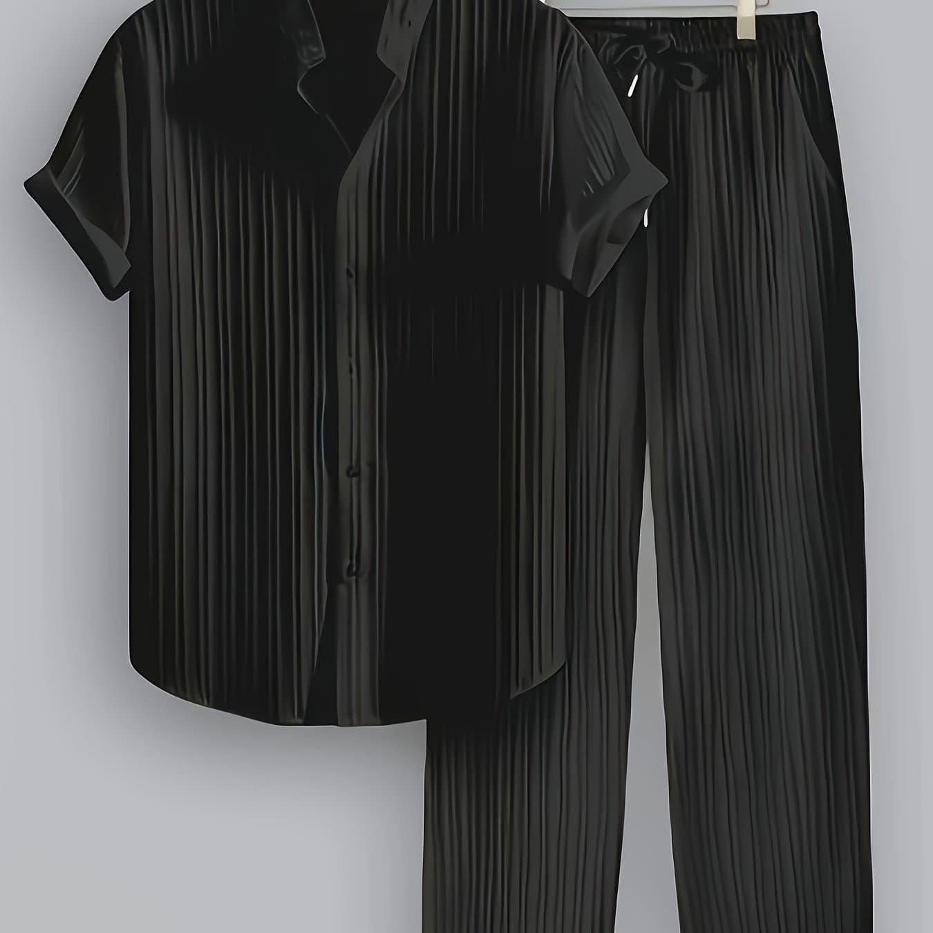 TEMU Men's 2pcs Striped Suit, Regular Fit, Casual And Comfortable, Striped Short-sleeved Shirt, Button- Lapel Suit, Suitable For Daily Wear And Beach Vacation