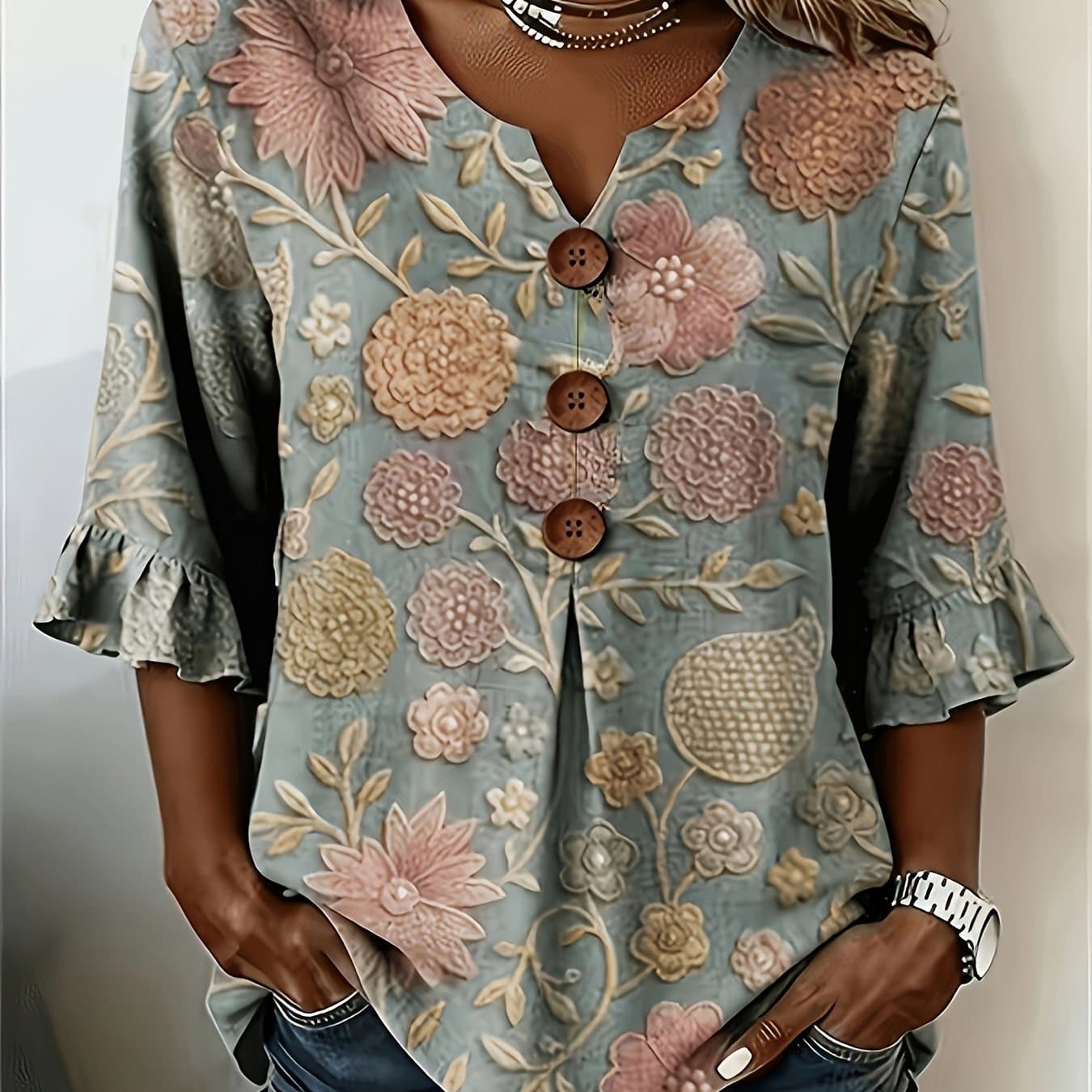 TEMU Plus Size - Plus Size - Women's Floral V-neck Short Sleeve Printed Retro Spring Summer Casual Top thumbnail 3