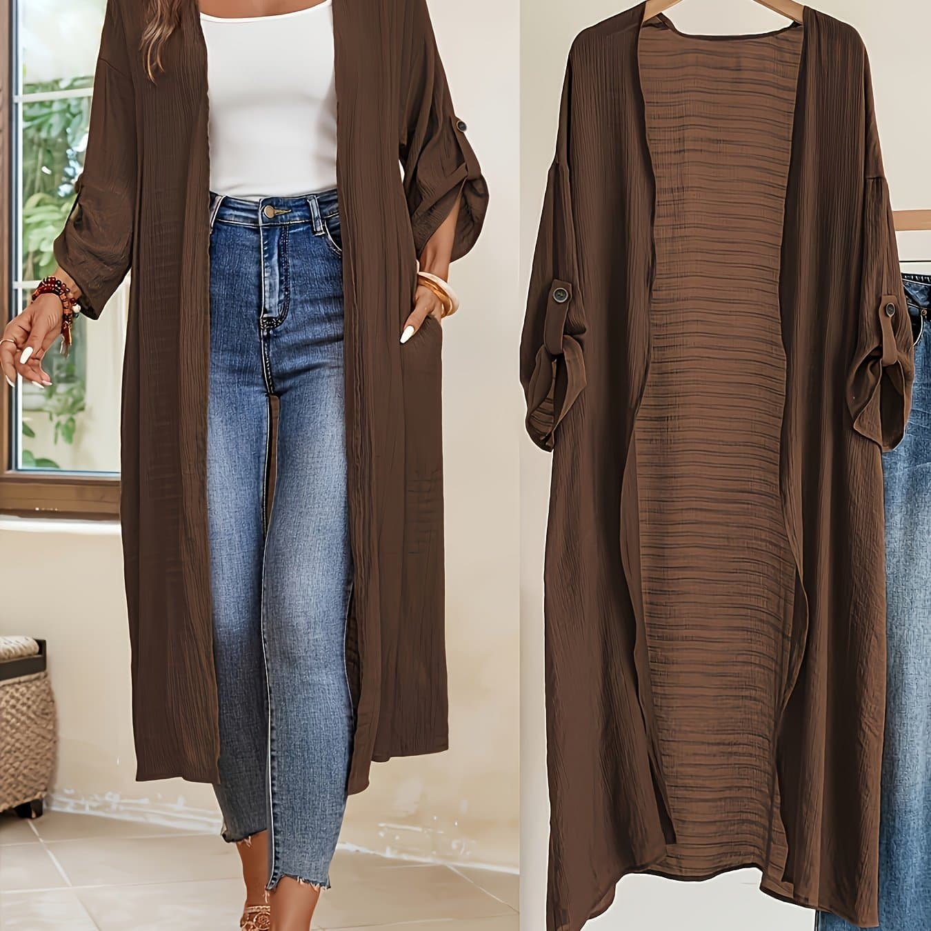TEMU Elegant Women's Long Casual Jacket With Open Front Collar - Solid Color, Polyester, Machine Washable - Perfect For Spring/fall