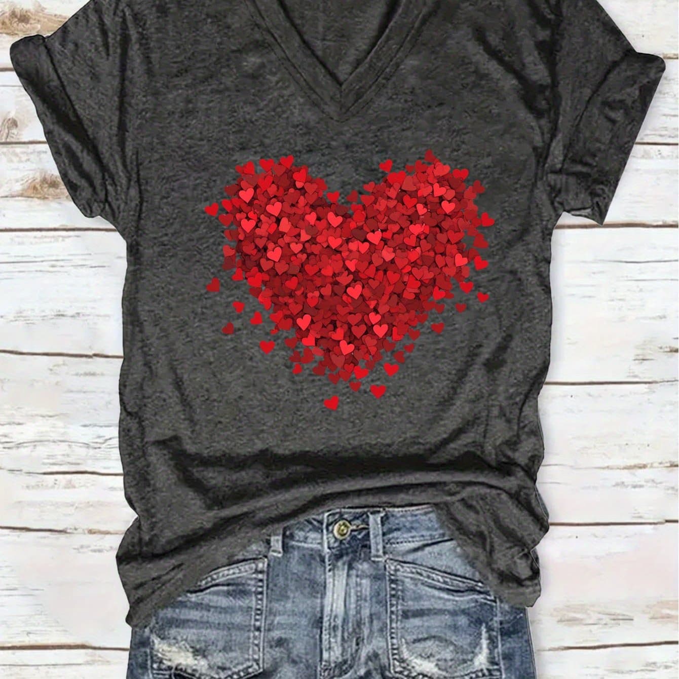 TEMU "heart" Print V-neck T-shirt, Casual Short-sleeve Summer Everyday Top, Women's Clothing, A Great Gift For On Holidays