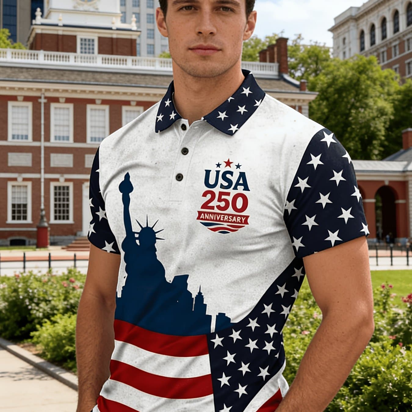 TEMU Men's Summer Shirt Celebrating The 250th Anniversary Of The United States, Featuring A Flip Collar And Short Sleeves, Designed With The Statue Of And Flag