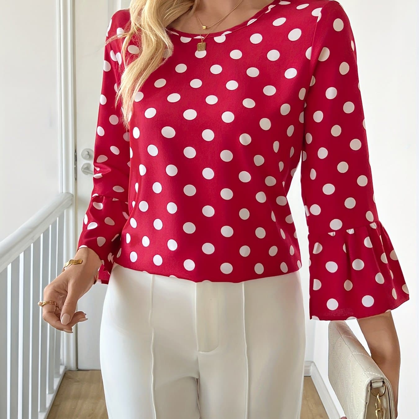 TEMU Round Neck Polka Dot Long Sleeve Top