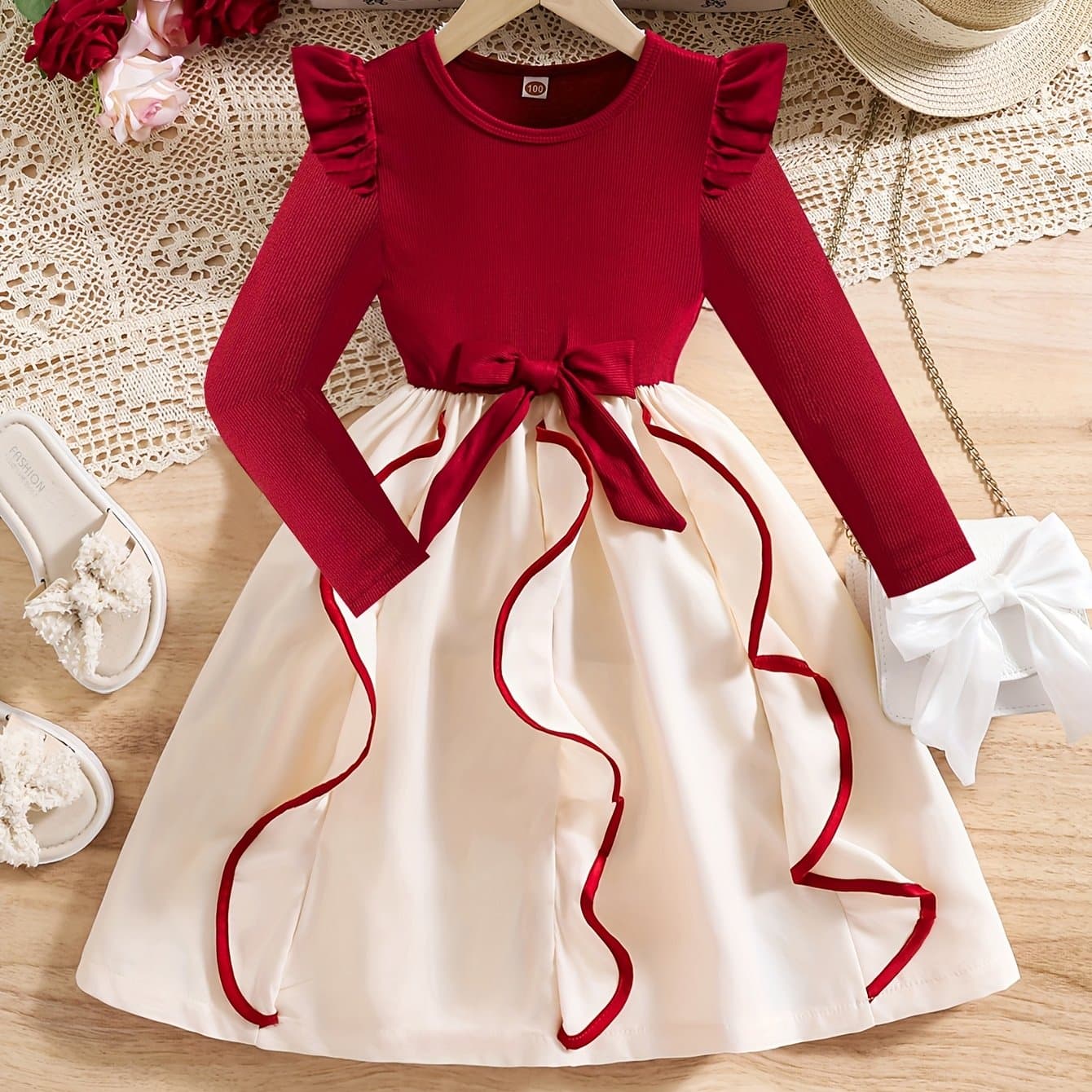 TEMU Girl's Elegant Long-sleeve Dress, Spring/summer Style, Featuring A Bow At The Waist, Sleeve Panels, And A Pleated Princess Dress. Tight And Loose At With A Fashionable, -shaped Design. A Perfect