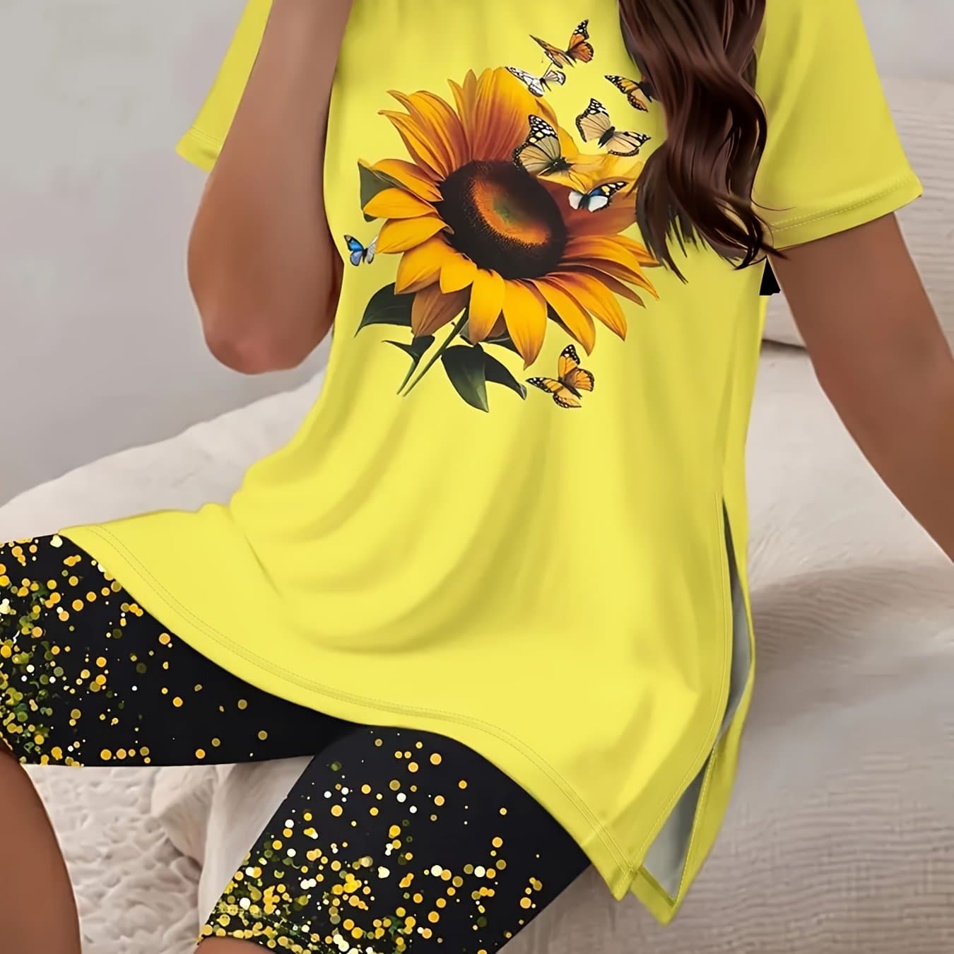 TEMU For Women With Codes! Yellow Sunflower Print Slit T-shirt Top, Suitable For Sports, Yoga, Home, Outdoor, Party Wear, Non Suit,