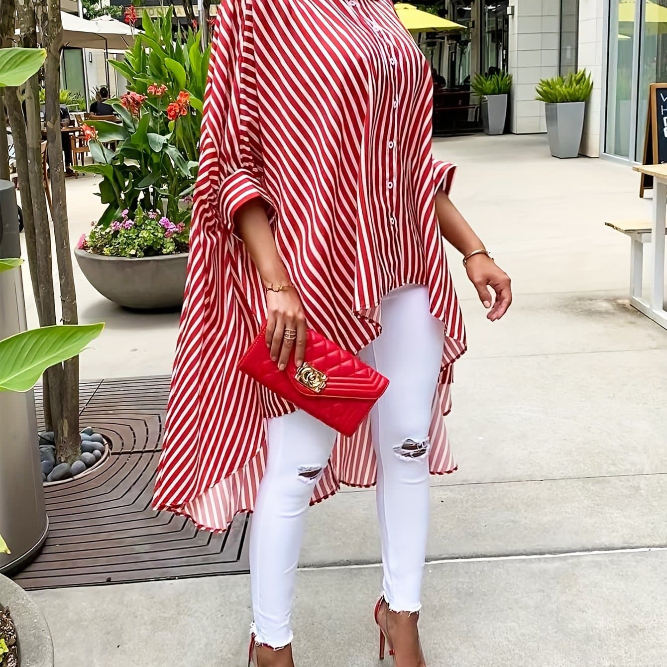 TEMU Women's Striped Print Front Short Back Long Casual Long Sleeve Shirt