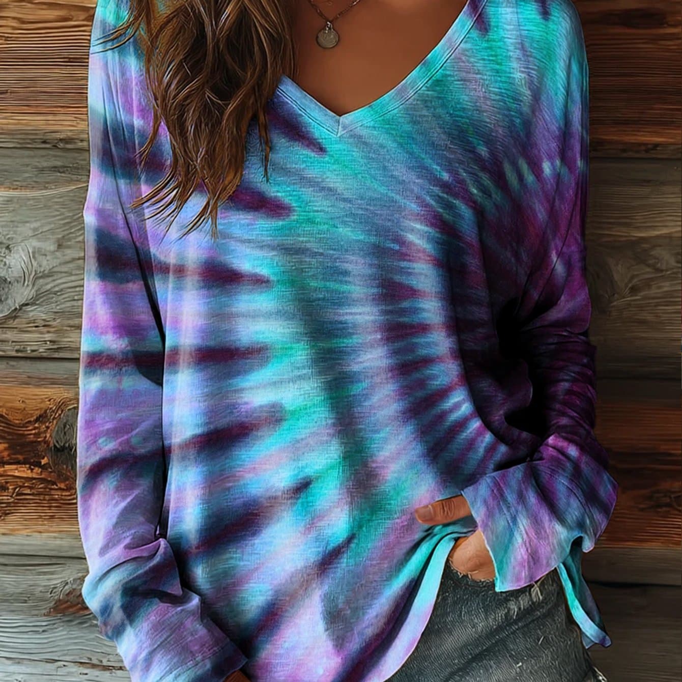 TEMU New Summer Tie-dye Print V-neck Top, Casual Loose Fit Vintage Style Versatile Women's T-shirt For Daily