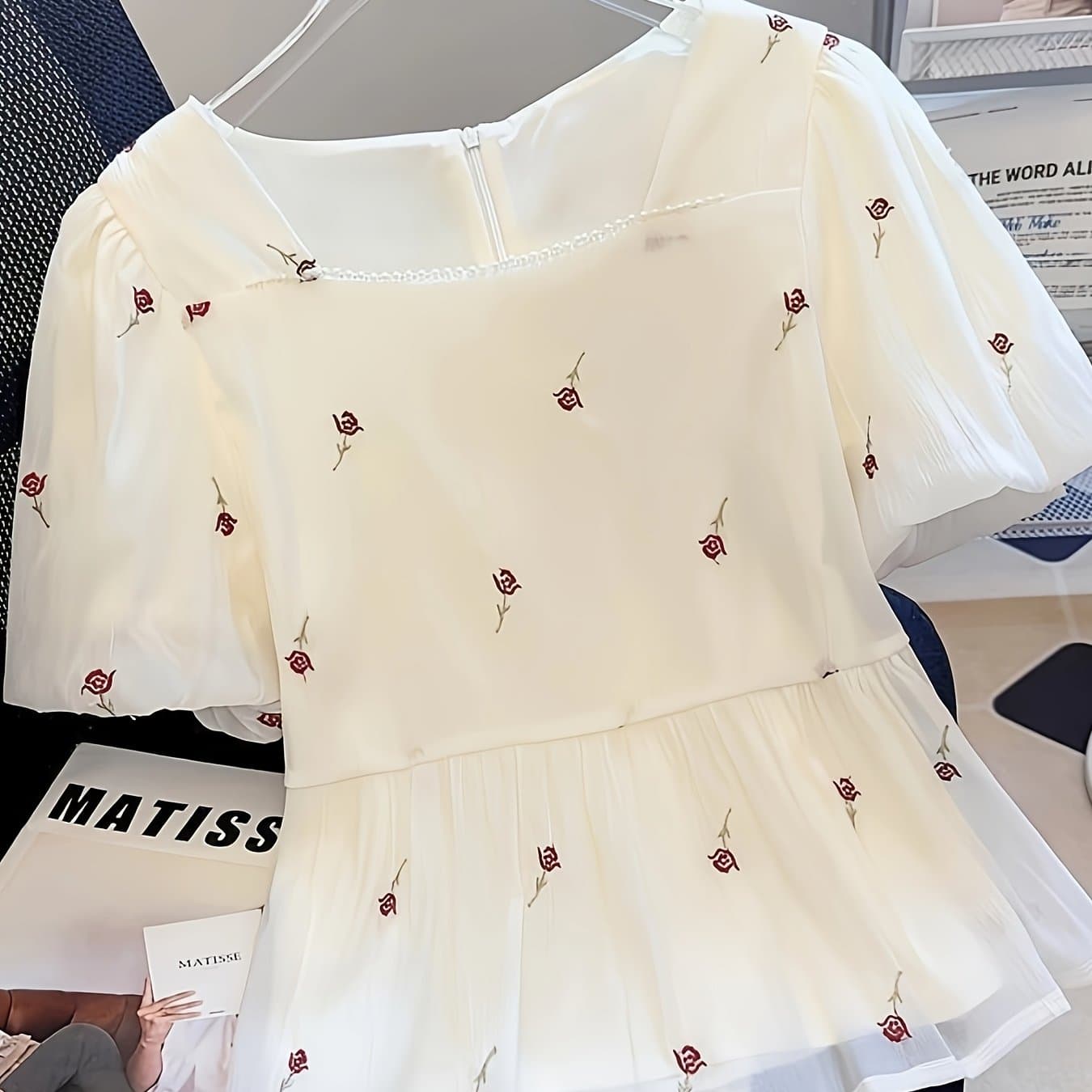 TEMU Summer French Square Neck Embroidered Chiffon Blouse Puff Sleeves
