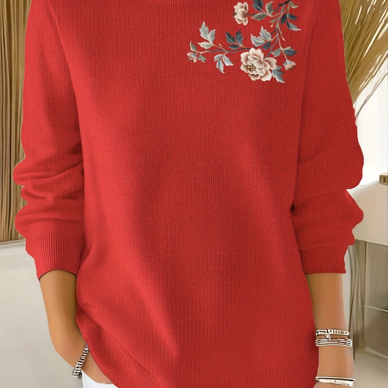 TEMU 2d Printed Embroidery-like Women's Commuter Versatile Fine Sweater, Comfortable Fabric, Long Sleeve Sweater With "flower Embroidery" Pattern