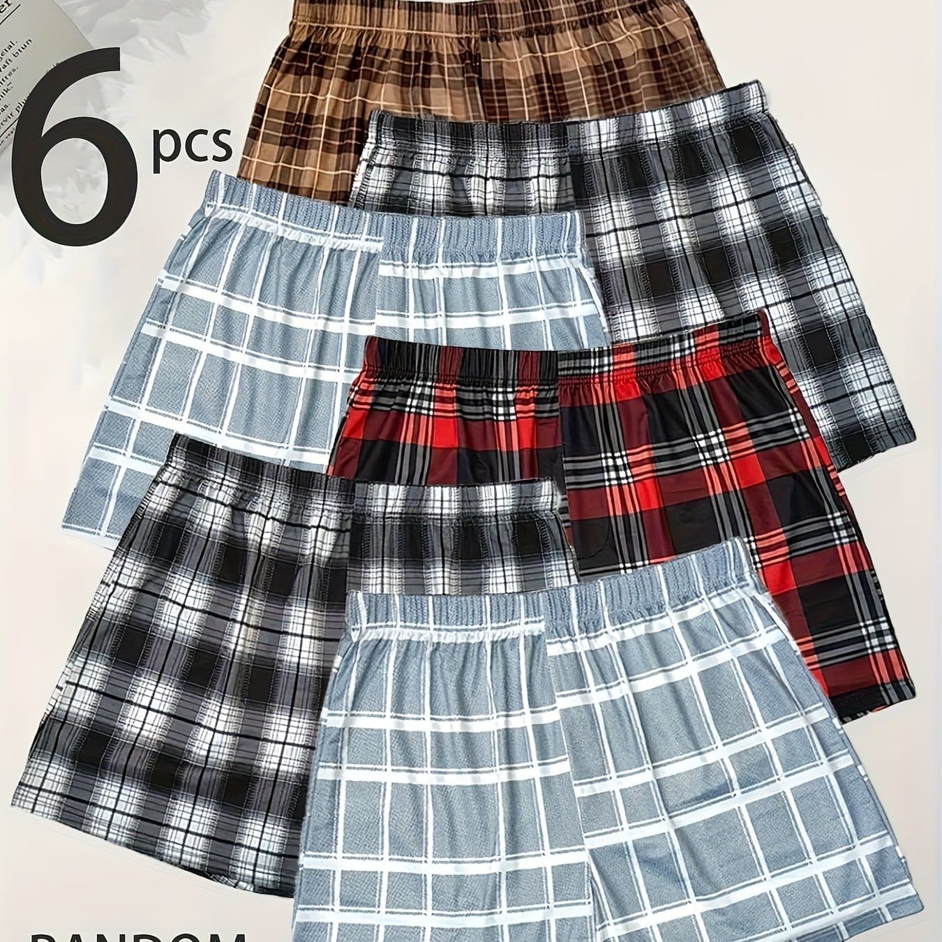 TEMU 6pcs Men's Boxer Briefs With Elastic Waistband - Plaid Pattern, Loose Fit Casual Underwear, Machine Washable, Multiple Colors, Opaque Fabric