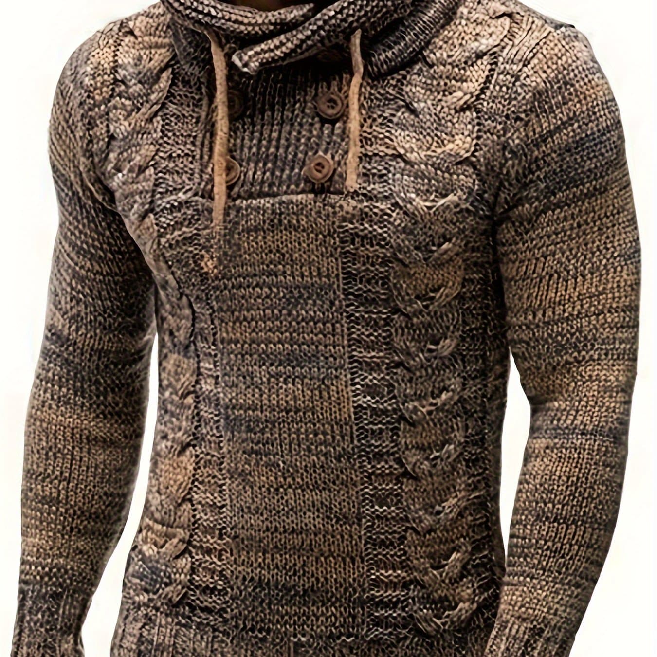 TEMU Men's Slim Fit Cable-knit Sweater - Stretchy High , Stack Neck Long Sleeve Casual Pullover For Autumn Winter, Solid Color, Hand Wash/, Winter Clothing, Textured Knitwear, Comfortable Wear