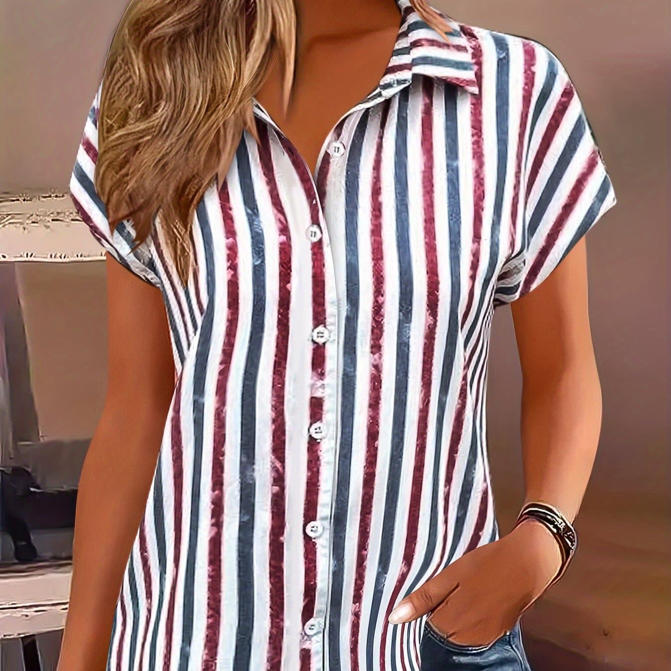 TEMU Tailored Development Women's Button-up Elegant Striped Batwing Sleeve Shirt For Daily