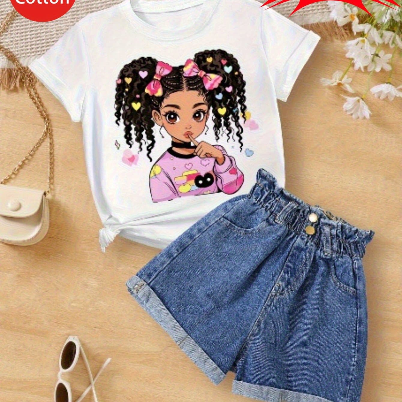 TEMU 1pc New Cartoon Girl Print Short Sleeved 100% T-shirt Comfy Casual Tees For Girls