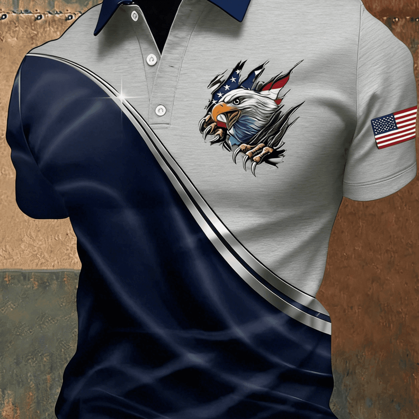 TEMU Men's Short Sleeved Shirt, Bald Eagle Print Short Sleeved Shirt Men's Casual Lapel Contrasting Striped Top