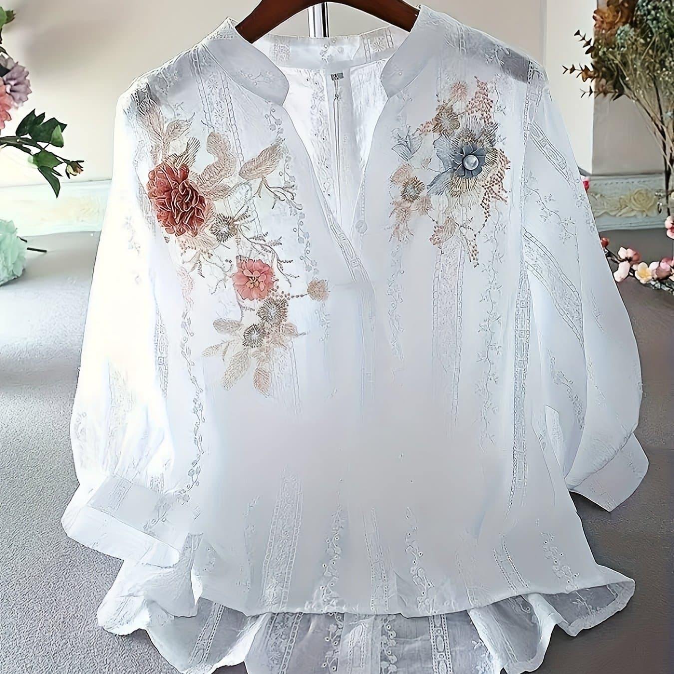 TEMU Heavy Embroidery Floral Top Women's Clothing Mid-sleeve Blouse Loose Casual Shirt