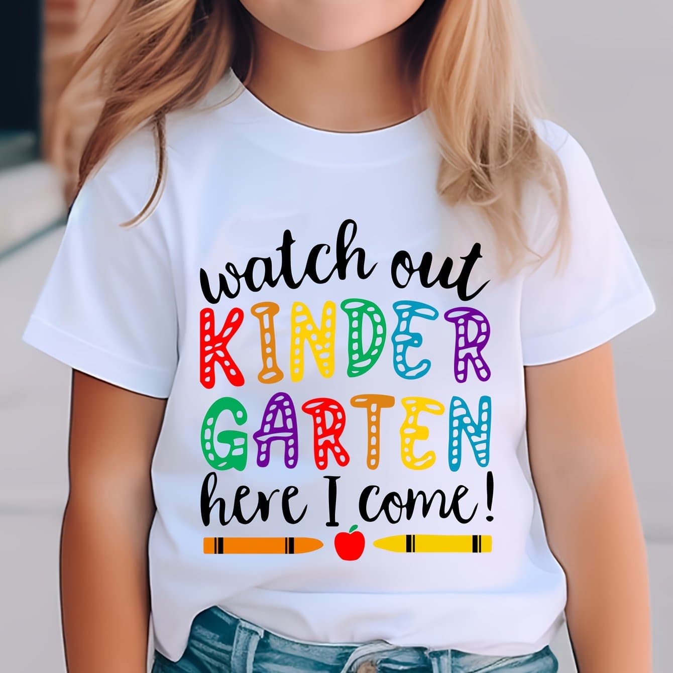 TEMU Girls' T-shirt With Short Sleeves Made Of. , Kindergarten, I'm On ! Adorable, Colorful Letter Print On A Versatile And Comfy Round Neck Top