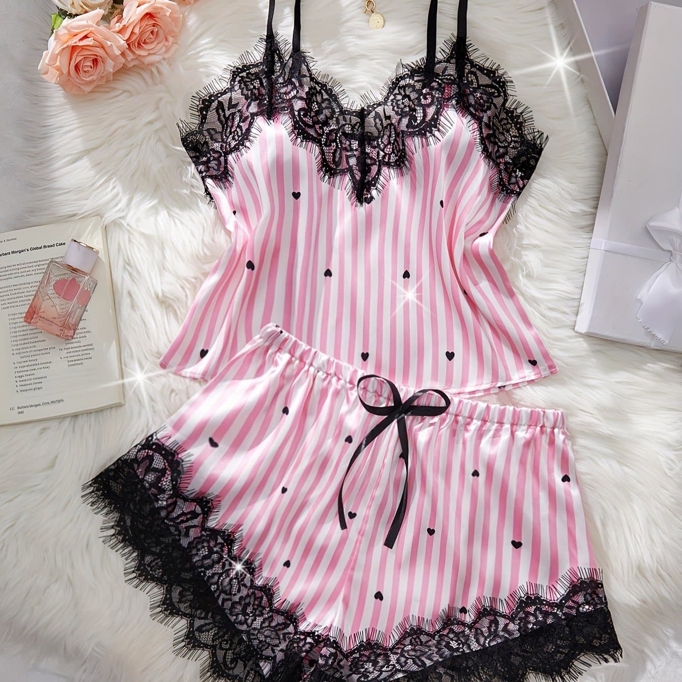 TEMU 2pcs Stripe Heart Print Pajama Set, Hollow Floral Lace Top & Bow Shorts, Women's Elegant Pajama & Loungewear