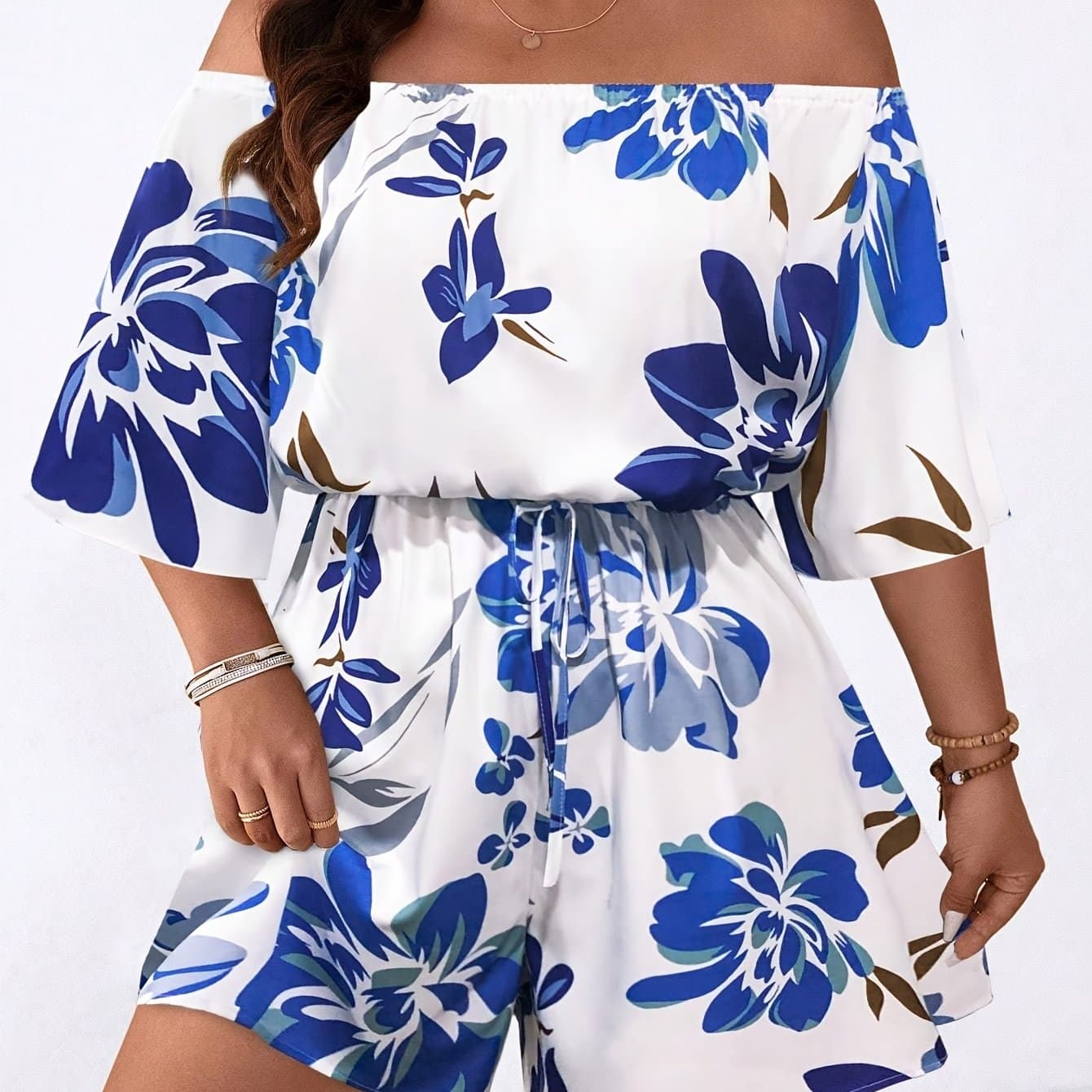 TEMU Plus Size - Plus Size - Plus Size Women's Off-shoulder Floral Print Jumpsuit