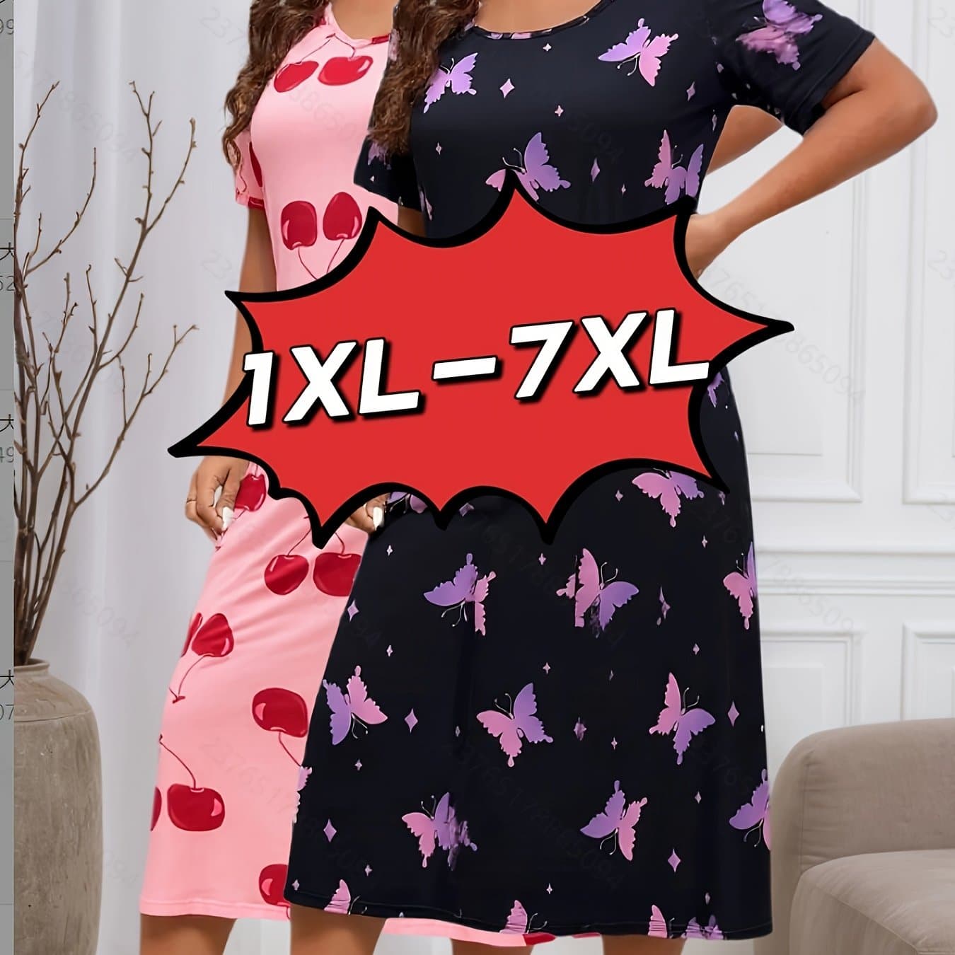 TEMU Plus Size Nightdresses Set Of 2 Cherry Print Pattern Casual Nightdresses Wearable Skirt Machine Washable