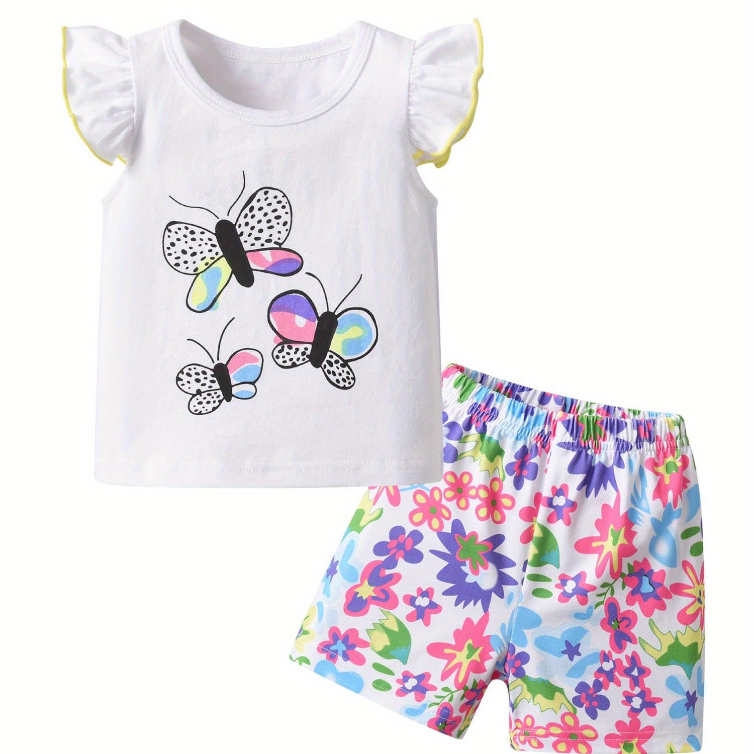 TEMU New Summer Toddler Baby Girls Outfits Printed Fly Sleeve T-shirt And Shorts Cool Clothes Set, Perfect For Outdoor