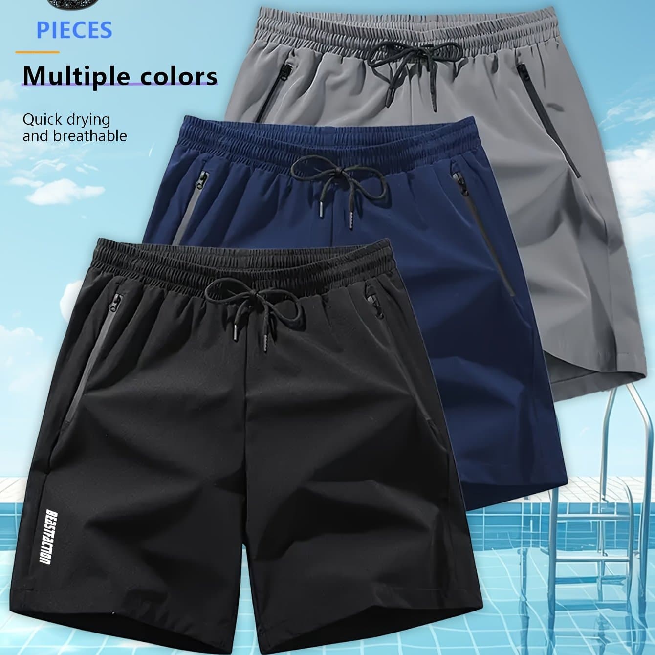 TEMU 3pcs Of Men' Color Shorts With Zippered Pockets, Elastic Waist Drawstring Shorts, Suitable For Summer , Leisure And Home Decor