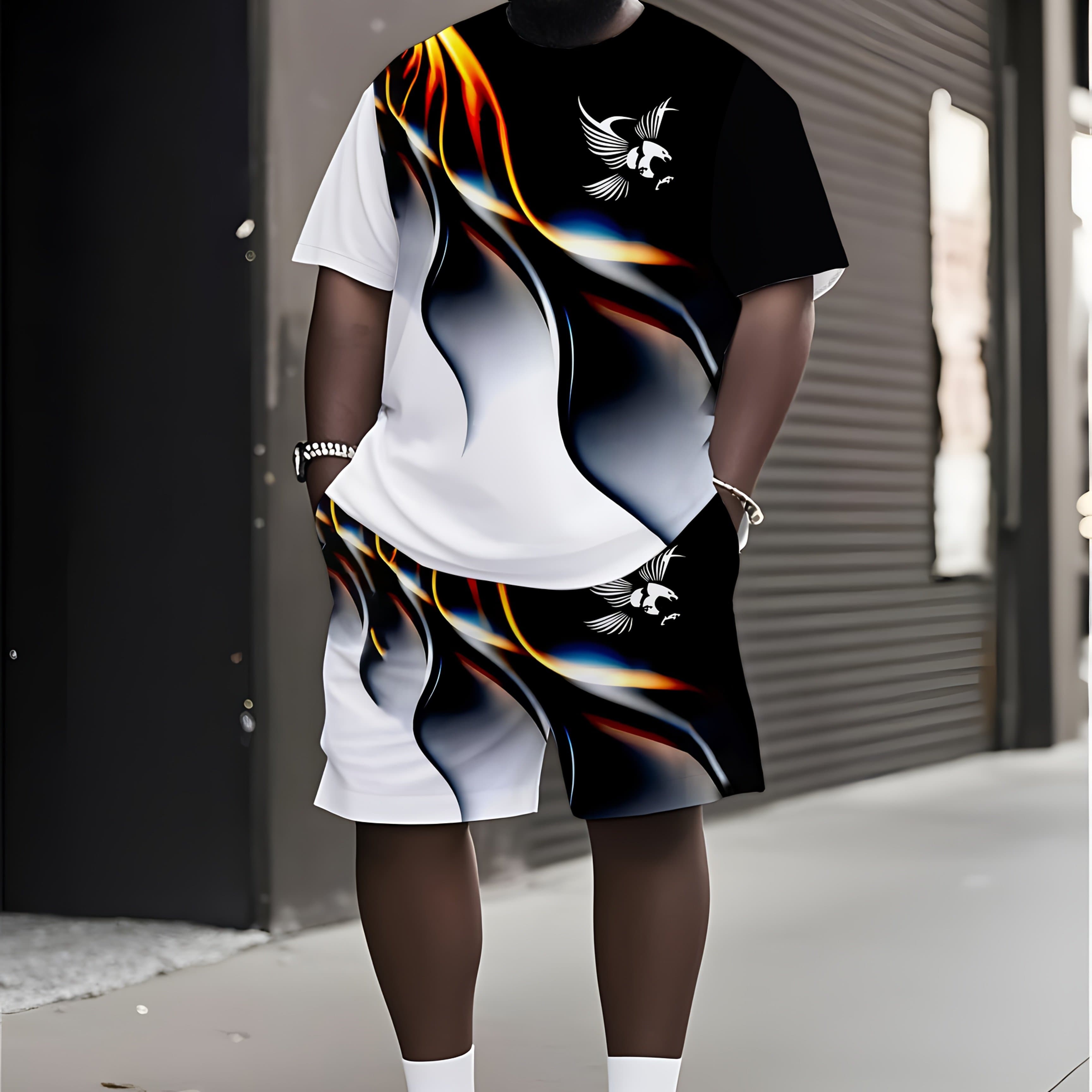 TEMU 2pcs Fashion Men's Gradient 3d Printed Sports Crew Neck Short Sleeve T-shirt And Shorts Set, Polyester 100, Machine Washable, Plus Size Version, Men's Casual Sportswear Set, Large, Plus Size