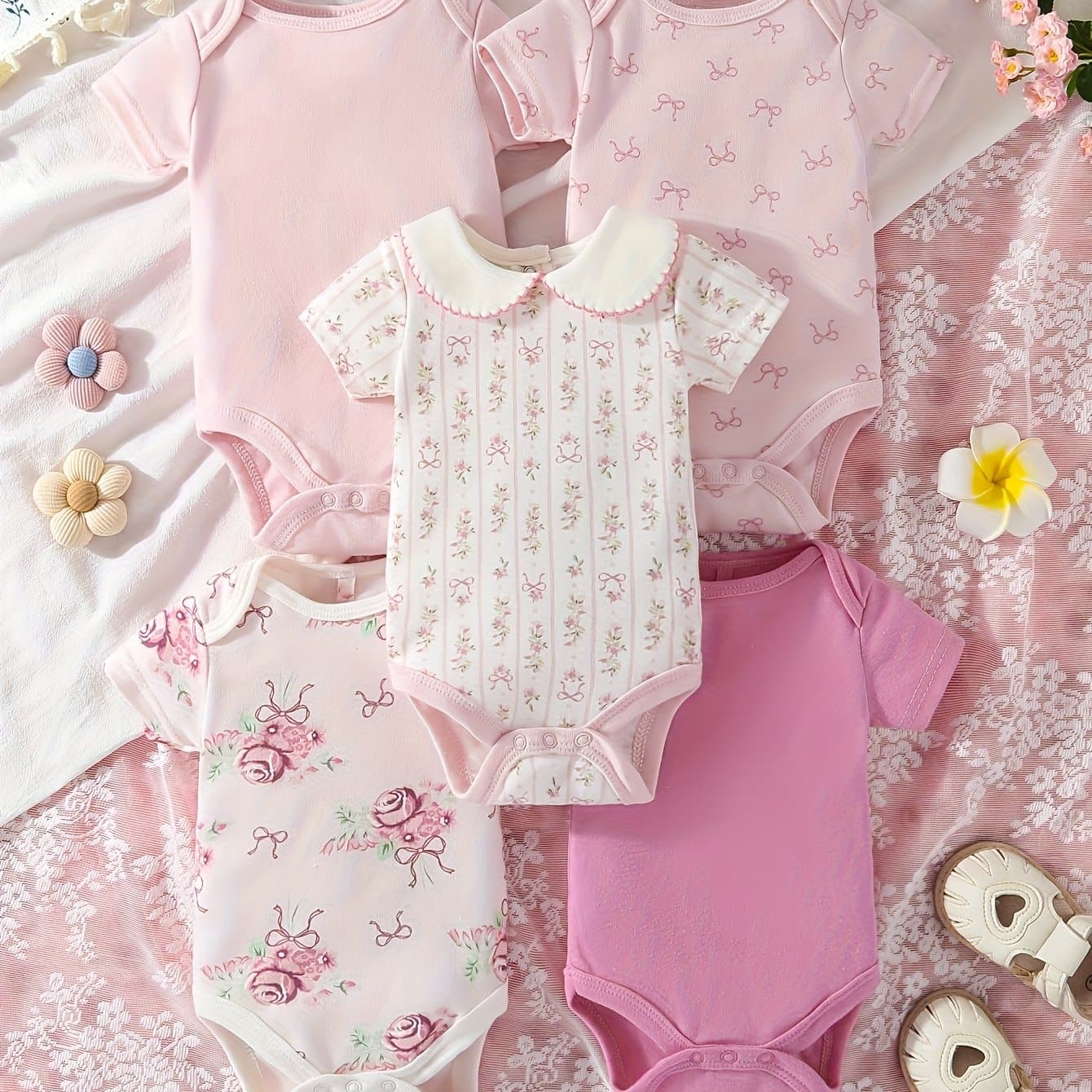 TEMU 5pcs Set Of Baby Girl Short Sleeved Jumpsuit With , Cute Baby Girl Outfit, Crawling Suit, For Outdoor